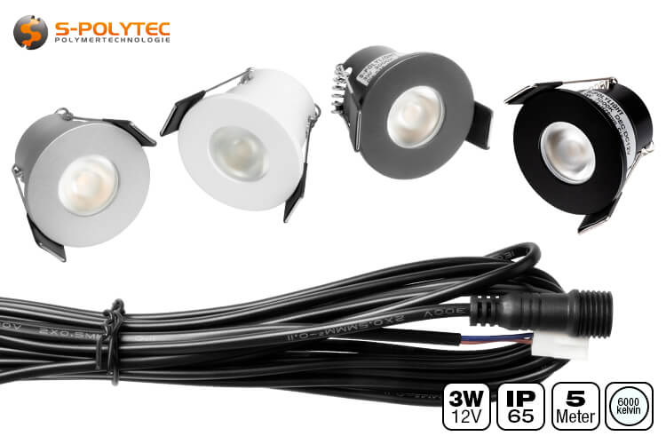 Die 3W Outdoor-LED-Spots in kaltweiß mit 6000K sind in Anthrazit, Schwarz, Silber und Weiß erhältlich