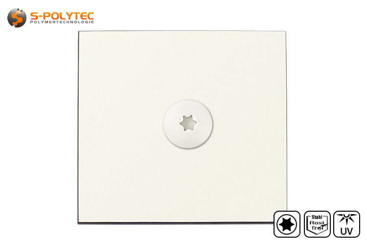 Unsere Fassadenschrauben in Weiß für HPL Platten Trespa® Meteon® UNI COLOURS White (A03.0.0) mit Satin-Oberfläche