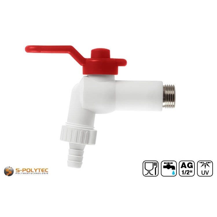 Wir bieten den weißen PPR Kugelauslaufhahn mit Außengewinde für alle Wandanschlüsse mit 1/2 Zoll Innengewinde