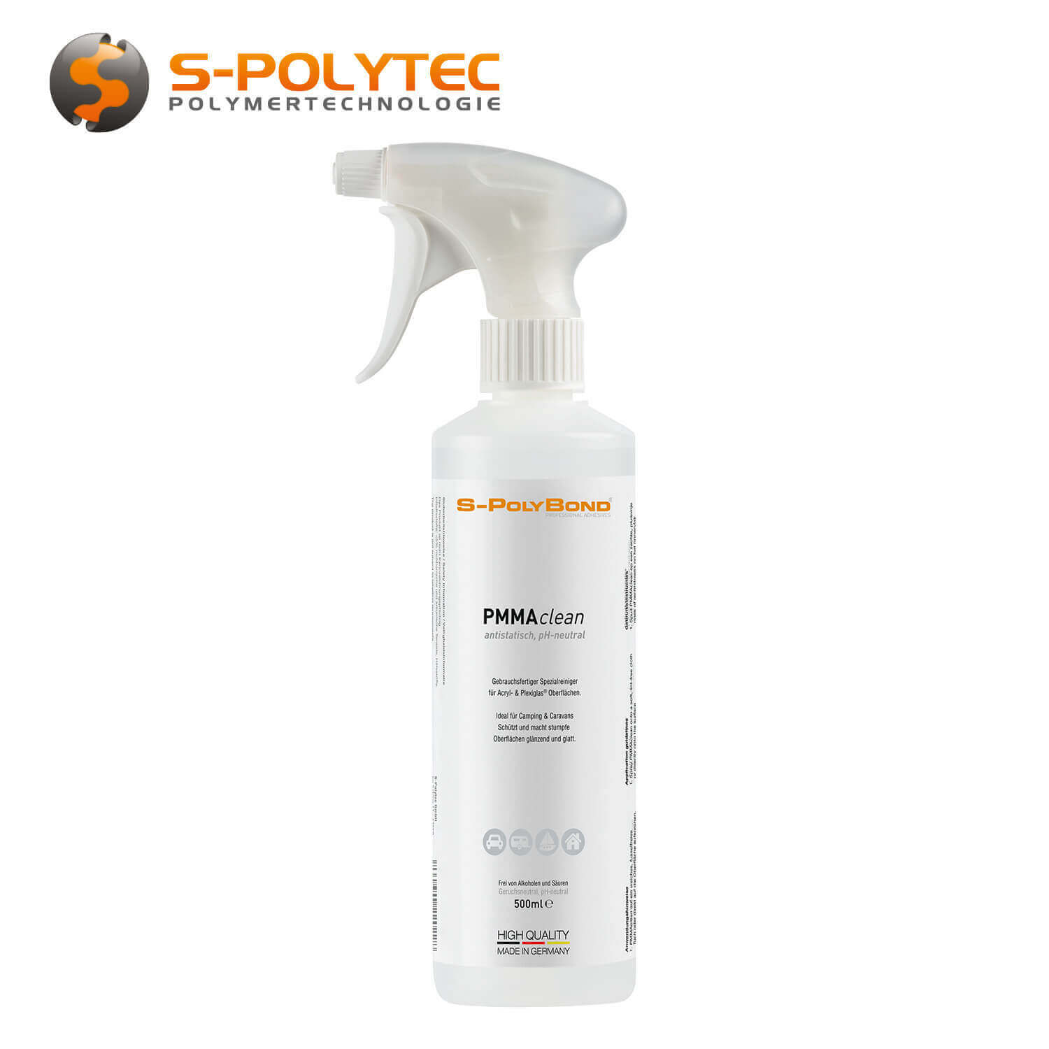 S-Polybond PMMAclean - Spezialreiniger für Acryl- und Plexiglas® in der wiederverwendbaren 500ml Sprühfasche