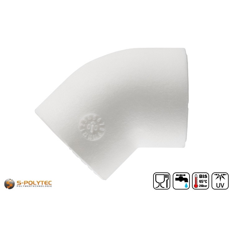 Wir bieten die weißen PPR 45° Winkel in den Größen DN20, DN25, DN32 und DN40 für Rohre mit gleichem Durchmesser an