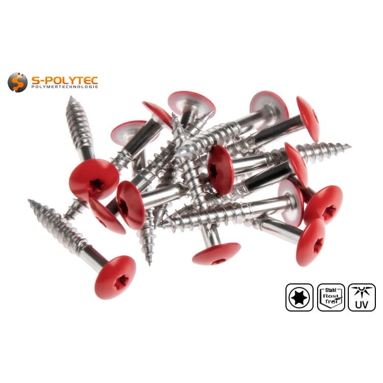 Die karminroten Schrauben für HPL-Platten verfügen über eine CE-Kennzeichnung 