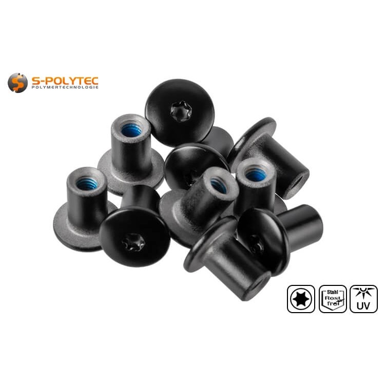 Gewindehülse aus Edelstahl für Balkonschrauben mit UV-beständiger Kopflackierung in Schwarz (RAL9005)