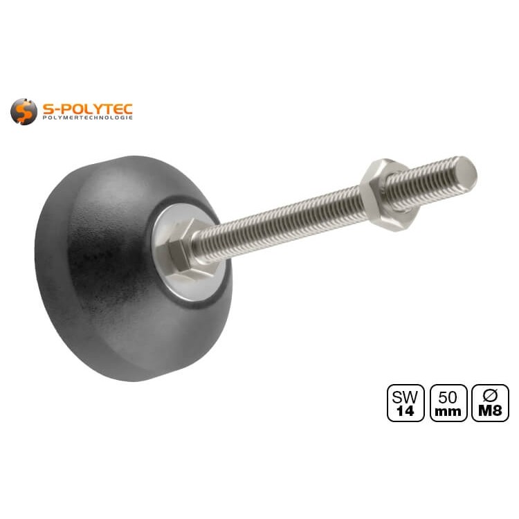 Der Ø 50mm Standfuß mit M8 Gewinde für Konstruktionsprofile ist in Gewindelängen mit 50mm, 80mm oder 100mm erhältlich