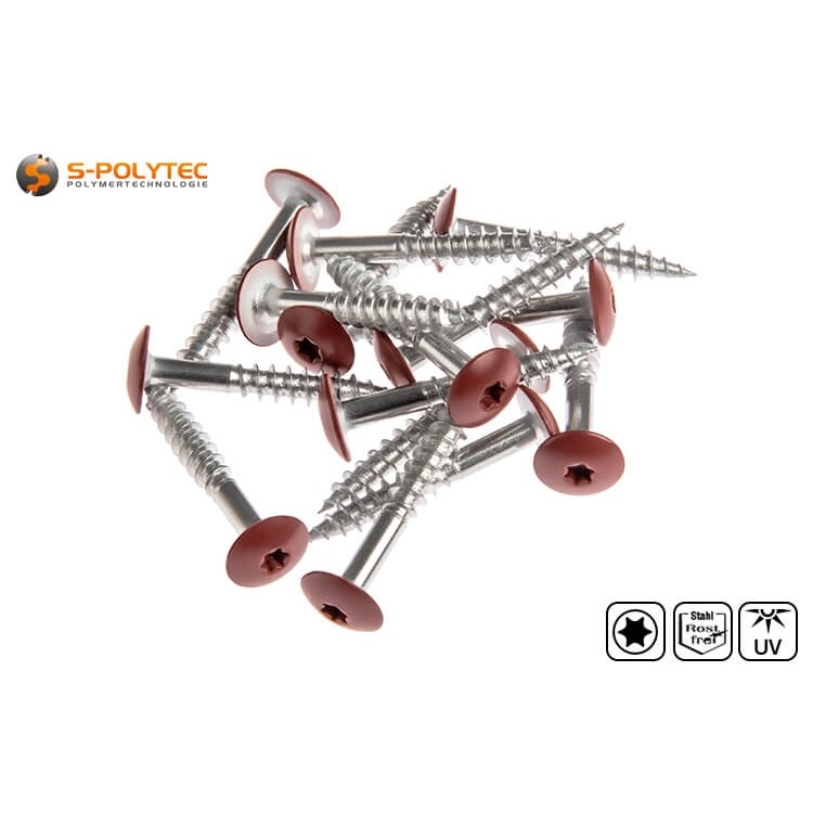 Die weinroten Schrauben aus A4 Edelstahl für HPL-Platten verfügen über eine CE-Kennzeichnung