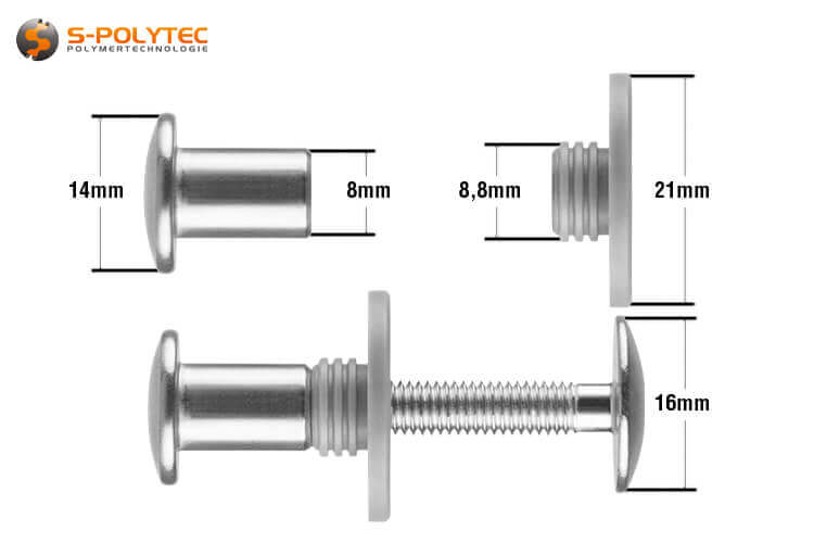 Das Set enthält je eine kopflackierte Balkonschraube in M5x25mm oder M5x30mm, Gewindehülse und Distanzhülse aus PE