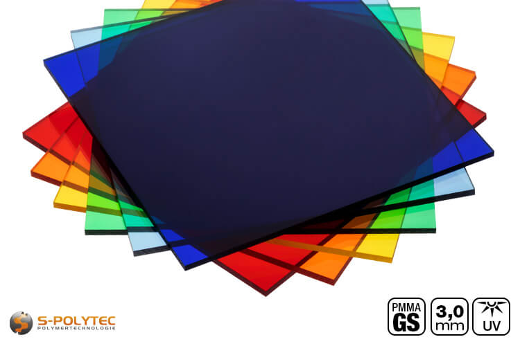 Wir bieten die farbigen Acrylglasplatten aus gegossenem PMMA in rot, blau, grün, gelb, orange, hellblau und grau