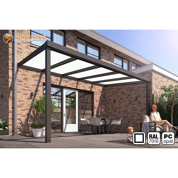 Das eckige Terrassendach auf Maß in Anthrazit mit 16mm Polycarbonat-Doppelstegplatte in Milchglas Optik