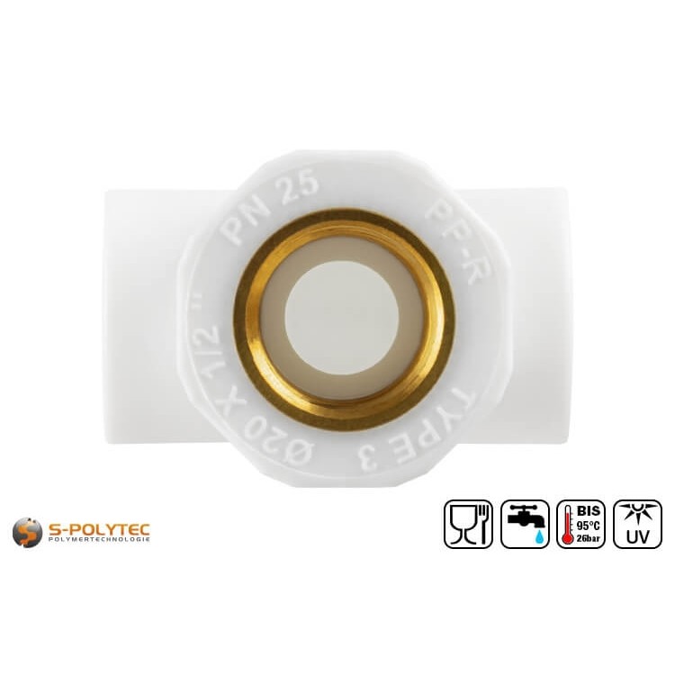 Die weißen Aqua-Plus PP-R T-Stücke mit Gewindeanschluss als Ausführung mit Innengewinde