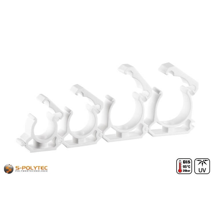 Wir bieten die weißen PPR Kunststoffschellen zur sicheren Rohr-Befestigung in den Größen DN20, DN25, DN32 und DN40 an