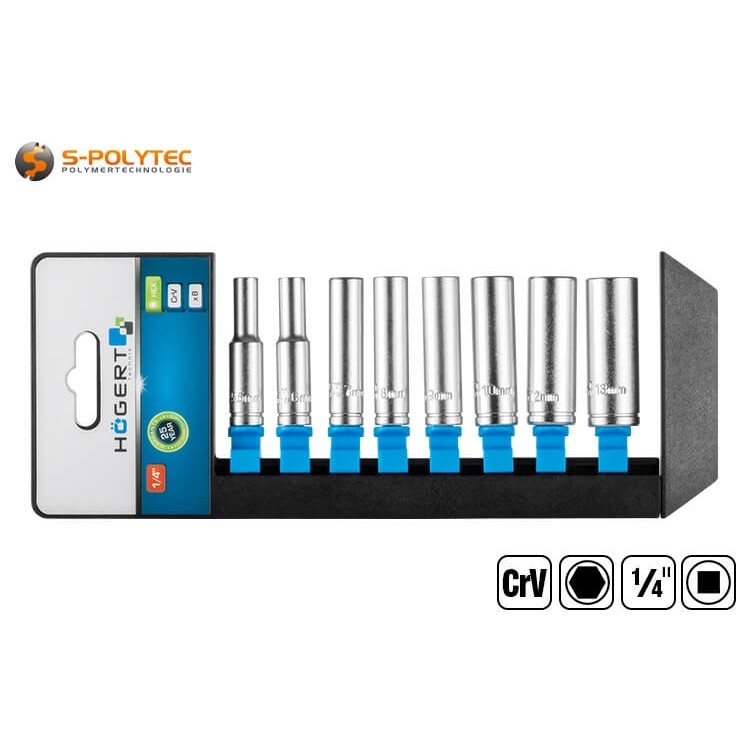 Der praktische Kunststoffhalter bewahrt die einzelnen Stecknüsse platzsparend, sicher und übersichtlich auf