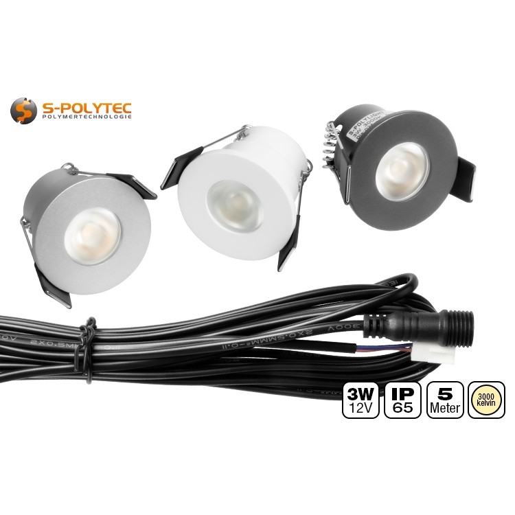 Die 3W Outdoor-LED-Einbaustrahler in warmweiß mit 3000K sind in Anthrazit, Silber und Weiß erhältlich