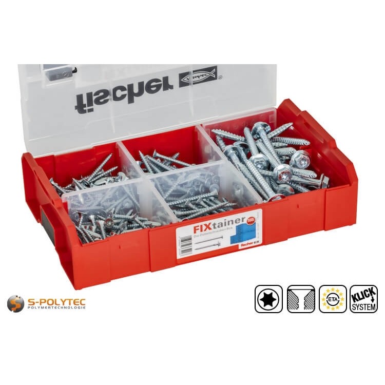 Die fischer FIXtainer Dübelschrauben-Box enthält 120 Schrauben in Ø 4,5x40mm, 60 in Ø 5,0x55mm und 30 in Ø 10x50mm