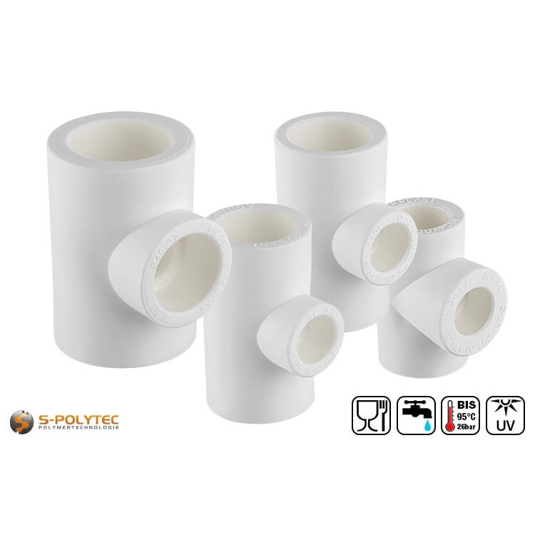 Wir bieten die weißen PPR T-Reduzierstücke zur Rohr-Abzweigung in allen erdenklichen Ausführungen an