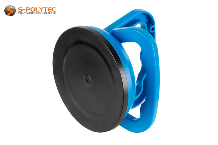 Das blaue Gehäuse des Högert Vakuum-Plattenhebers mit Ø120mm Saugnapf besteht aus stoßfestem, robustem Kunststoff