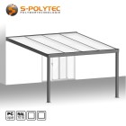 Terrassenüberdachung in Anthrazitgrau (RAL 7016) mit eckigen Aluminium-Profilen und opalem Polycarbonat 