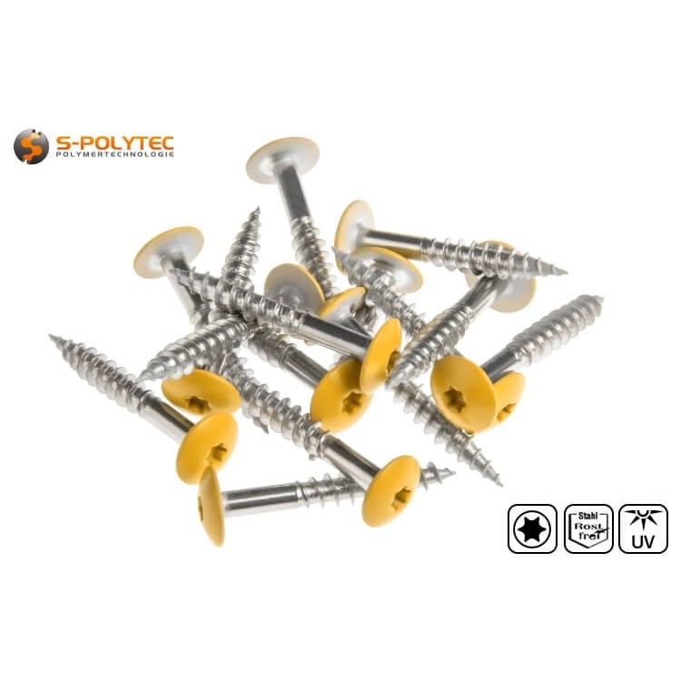 Die goldgelben Schrauben aus A4 Edelstahl für HPL-Platten verfügen über eine CE-Kennzeichnung 