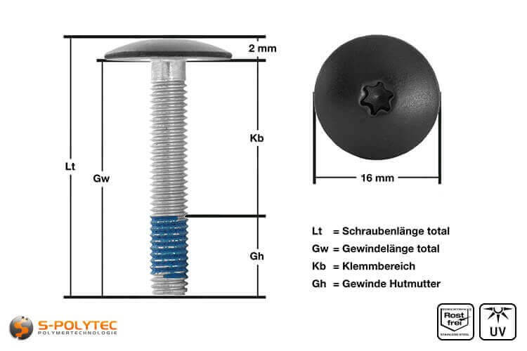 Ansicht der Abmessungen unserer Balkonschraube aus Edelstahl mit Kopflackierung in Schwarz 