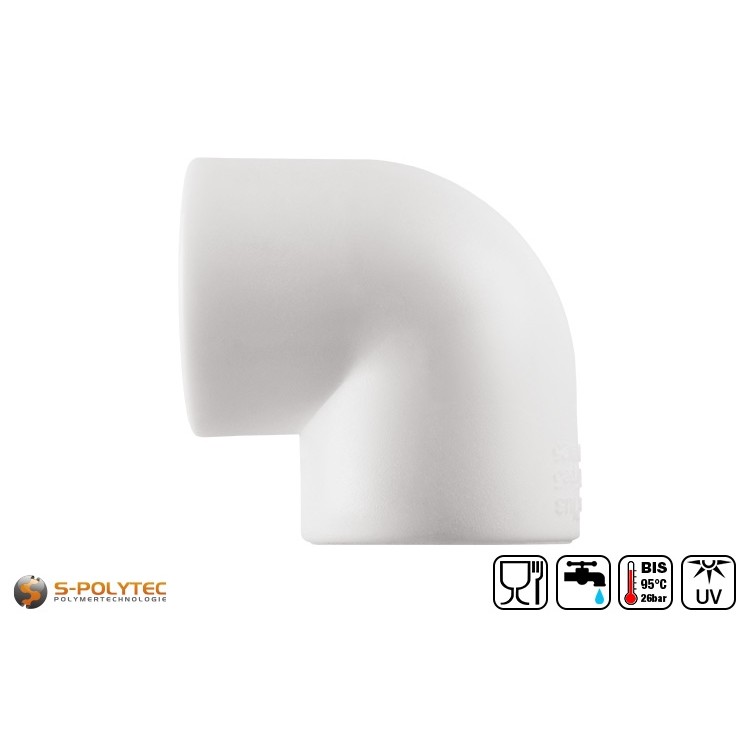Wir bieten die weißen PPR 90° Winkel in den Größen DN20, DN25, DN32 und DN40 für Rohre mit gleichem Durchmesser an