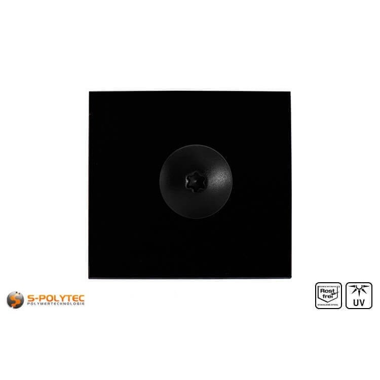 Die Balkonschraube in Tiefschwarz mit einem Kopfdurchmesser von 16mm hat einen Torx-Antrieb in der Größe T20 (ISR20)