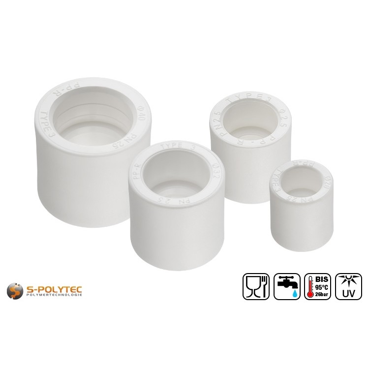 Wir bieten die weißen PPR Muffen als Verbinder für PPR Rohre in den Größen DN20, DN25, DN32 und DN40