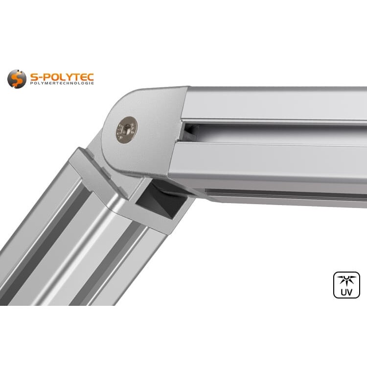 Die verstellbaren Winkelverbinder sind in drei Größen passend zu unseren Konstruktionsprofilen erhältlich