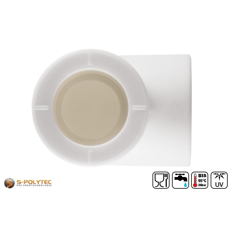 Der Aqua-Plus PP-R Winkel 90° DN20 in Weiß eignet sich zur rechtwinkligen Verbindung von PP-R Rohren mit 20mm Außendurchmesser