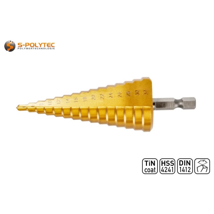 Der HSS-Stufenbohrer aus Stahl verfügt über eine Titannitrit-Beschichtung auf für optimale Standzeiten und Hitzebeständigkeit