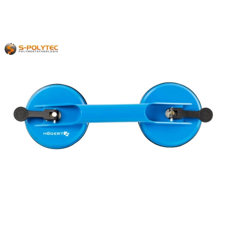 Das Gehäuse des Vakuum-Plattenhebers mit zwei Ø120mm Saugköpfen ist aus stoßfestem, robustem Kunststoff gefertigt