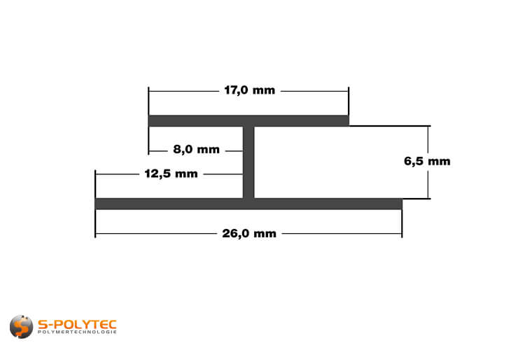 Bemaßung H-Profil aus eloxiertem Aluminium in 6mm