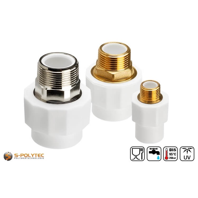 Wir bieten die weißen PPR Kupplungen in den Größen DN20, DN25, DN32 und DN40 sowie mit Außengewinden von 1/2 bis 1 1/4 Zoll