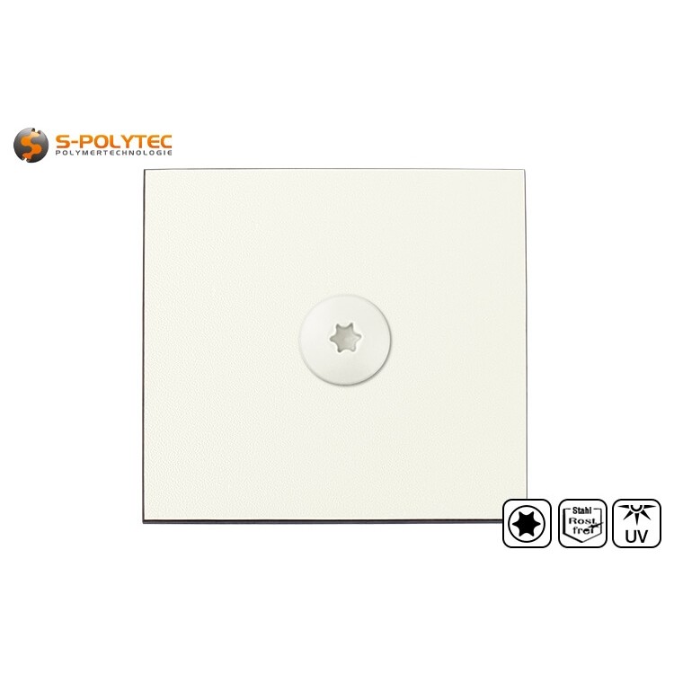 Unsere Fassadenschrauben in Weiß für HPL Platten Trespa® Meteon® UNI COLOURS White (A03.0.0) mit Satin-Oberfläche