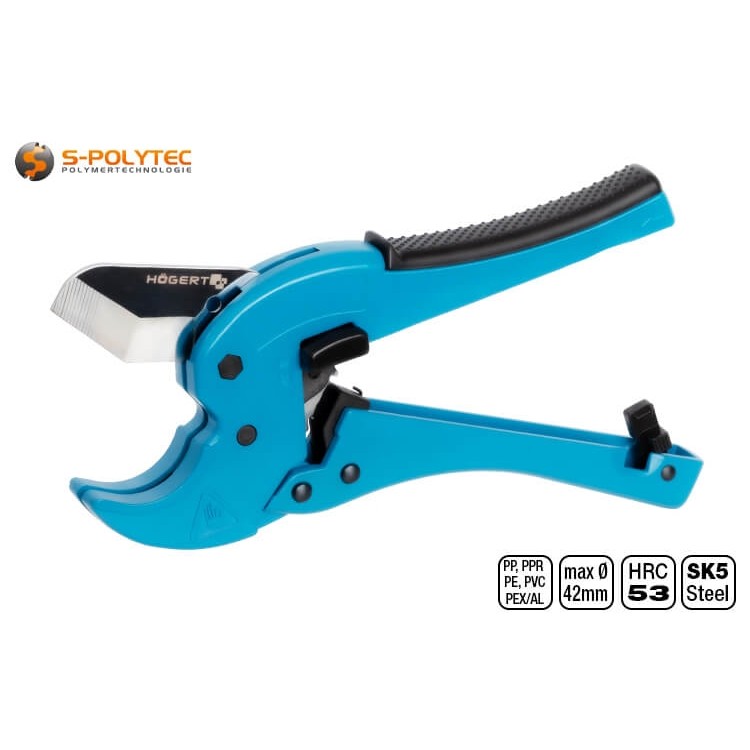 Der Rohrabschneider von Högert verfügt über einen kraftübersetzenden Ratschenvorschub mit Schnellrücklauf