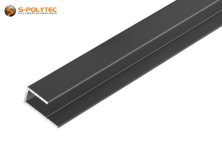 Die anthrazitgrauen Abschlussprofile aus massivem Aluminium sind je nach Ausführung für Platten mit 3mm, 6mm oder 8mm Stärke geeignet	