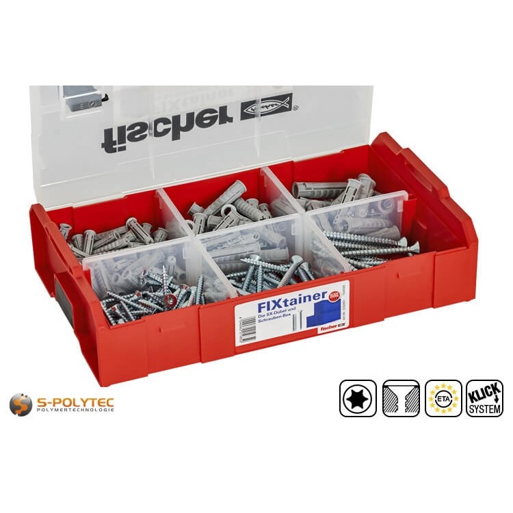 Der fischer FIXtainer SX-Dübel und Schrauben-Box enthält 105 Spreizdübel SX und 105 Schrauben in je drei Größen