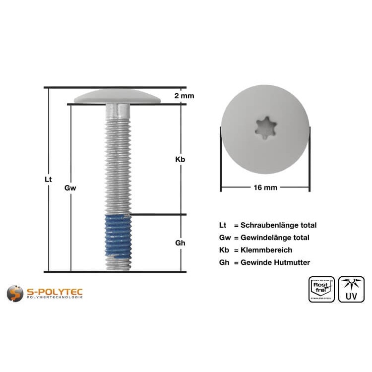 Ansicht der Abmessungen unserer Balkonschraube aus Edelstahl mit Kopflackierung in Lichtgrau 