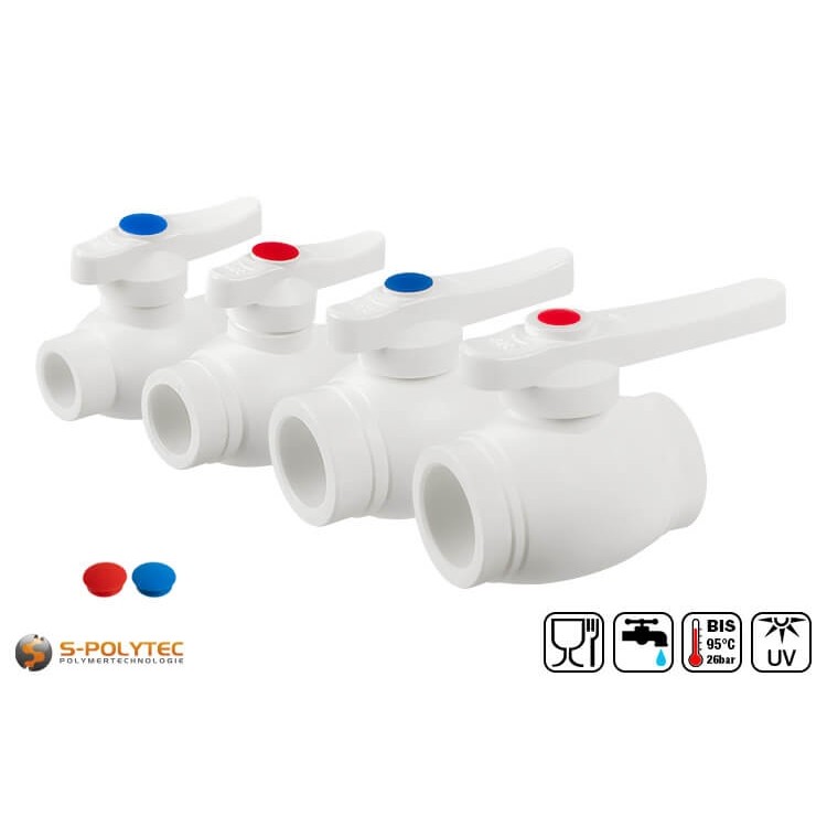 Wir bieten die weißen PPR Kugelhähne in den Größen DN20, DN25, DN32 und DN32 zur Verschweißung mit PP-R Rohren in gleichbleibendem Durchmesser