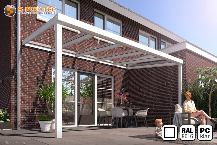 Die eckige Terrassenüberdachung auf Maß in Weiß mit 16mm Doppelstegplatte aus transparentem Polycarbonat