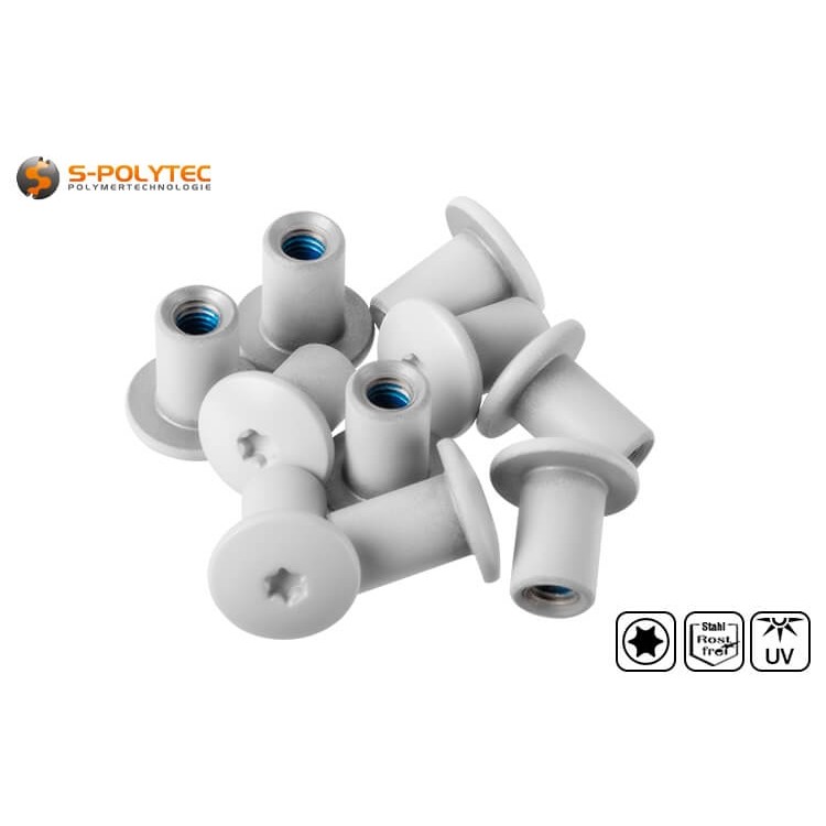 Gewindehülse aus Edelstahl für Balkonschrauben mit UV-beständiger Kopflackierung in Lichtgrau (RAL7035)