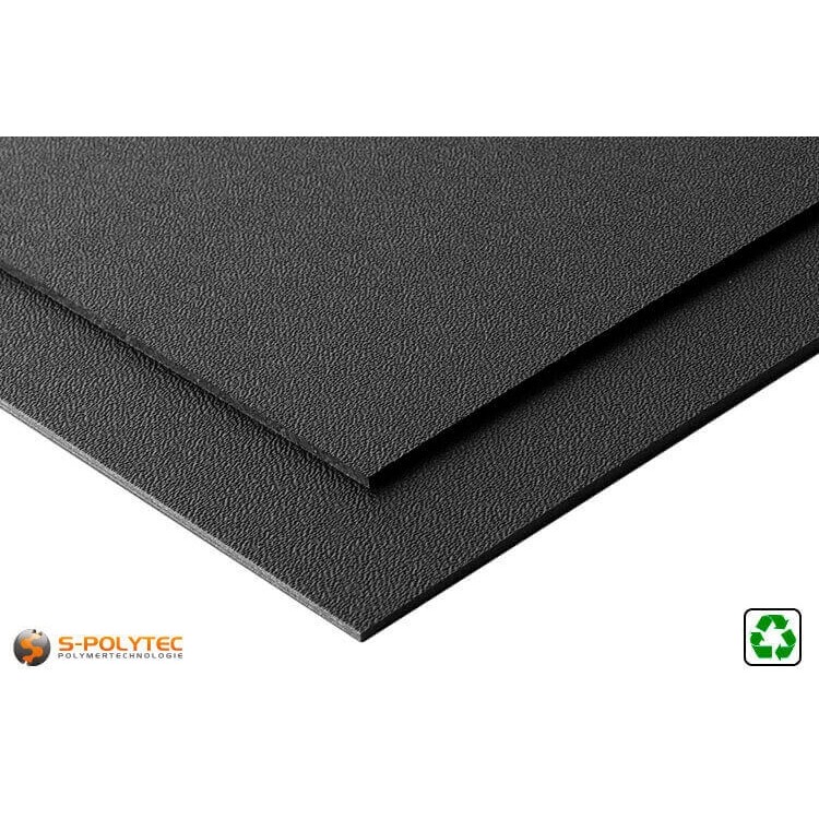HDPE Platte schwarz mit beidseitig mittelgroßer Narbung aus Recyclingmaterial im Format 2x1 Meter