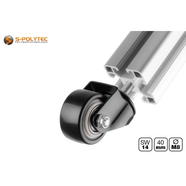 Die um 360 Grad drehbare Lenkrolle wird einfach in das Durchgangsloch von Konstruktionsprofilen eingeschraubt