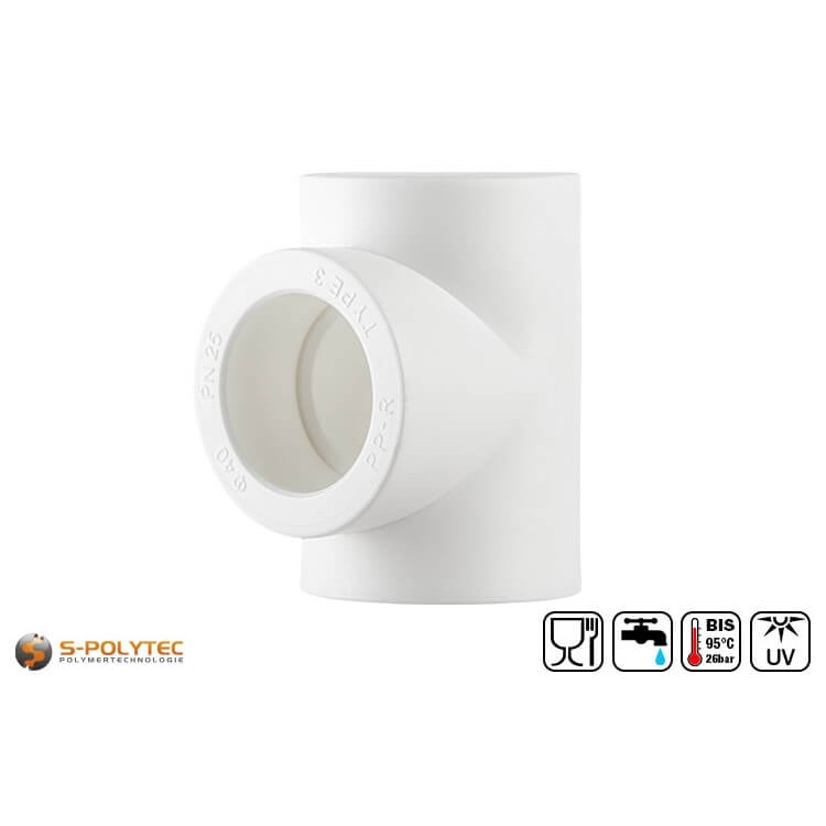 Aqua-Plus PP-R T-Stücke in Weiß zur einfachen Abzweigung eines PP-R Rohrs mit identischem Durchmesser	