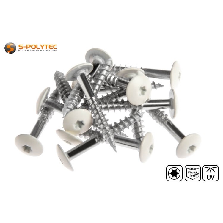 Die weißen Schrauben für Trespa® Platten in White sind aus A4 Edelstahl und haben eine CE-Kennzeichnung 