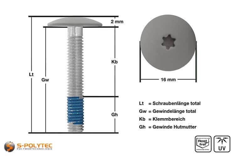 Ansicht der Abmessungen unserer Balkonschraube aus Edelstahl mit Kopflackierung in Staubgrau 