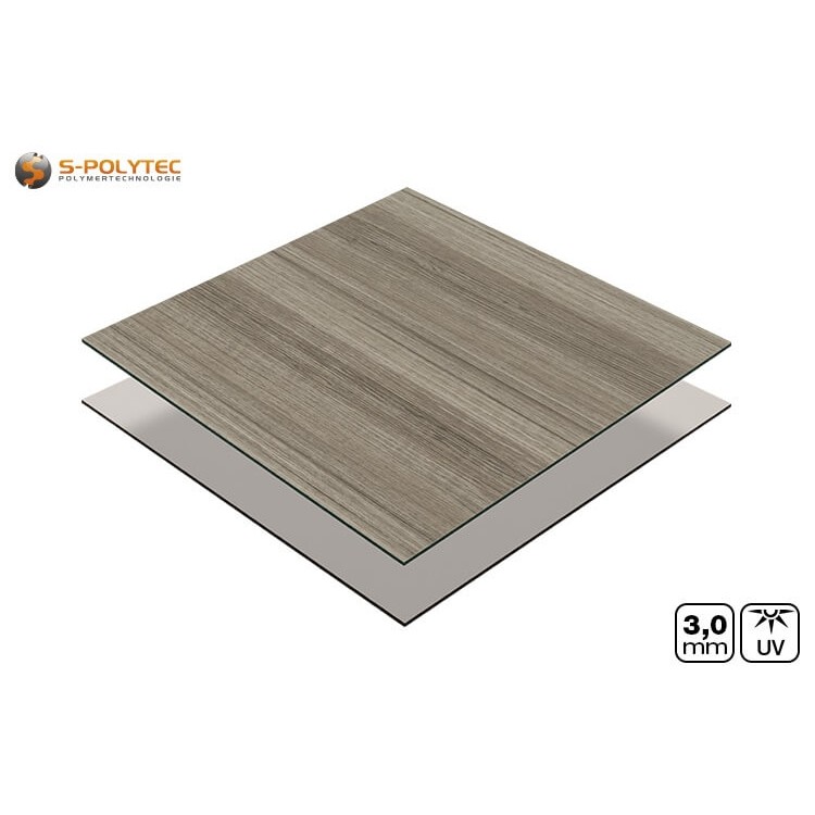 Aluverbundplatte 3mm im Zuschnitt mit einseitigem Dekor in Holzoptik Esche Grau