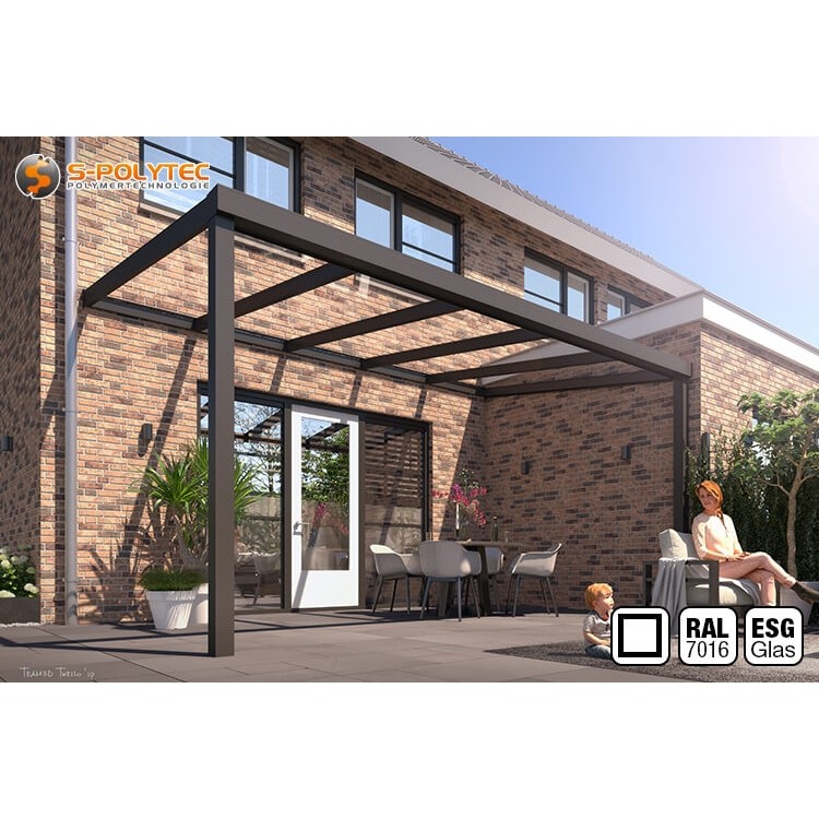 Das eckige Terrassendach auf Maß mit transparenter Eindeckung aus ESG-Glas und pulverbeschichteten Aluminium-Profilen in Anthrazit
