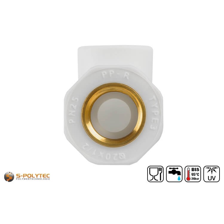 Die Aqua-Plus PP-R Winkel-Kupplung 90° DN20x1/2 Zoll IG in Weiß für PP-R Rohre mit Ø20mm und verfügt über ein Innengewinde in 1/2 Zoll