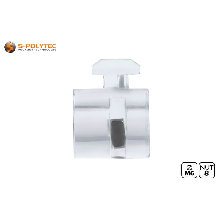 Der Uniblock zur sicheren Befestigung von Plattenelementen an Konstruktionsprofilen verfügt über ein M6 Innengewinde