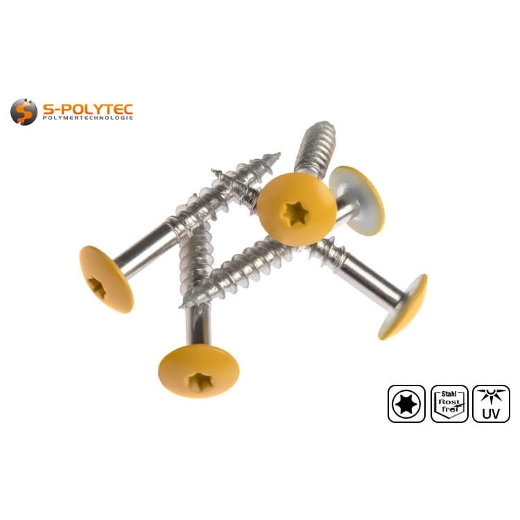 Fassadenschrauben nach DIN EN 14592 für Trespa® Meteon® FR HPL-Platten in Gold Yellow (A04.1.7) mit Satin-Finish