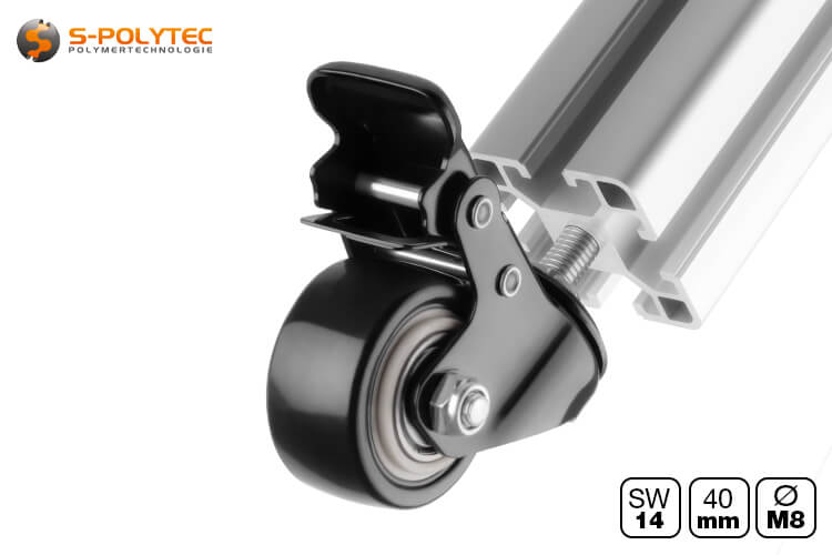 Durch das 8mm Gewinde ist die Lenkrolle für unsere Konstruktionsprofile in 30x30mm oder 40x40mm geeignet